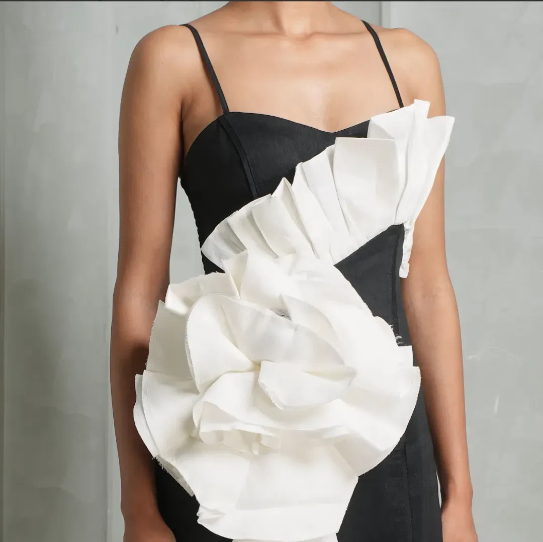 Aje Parallels Spiral Midi Dress Black-Ivory Size AU 8 for rent on The Volte - main image