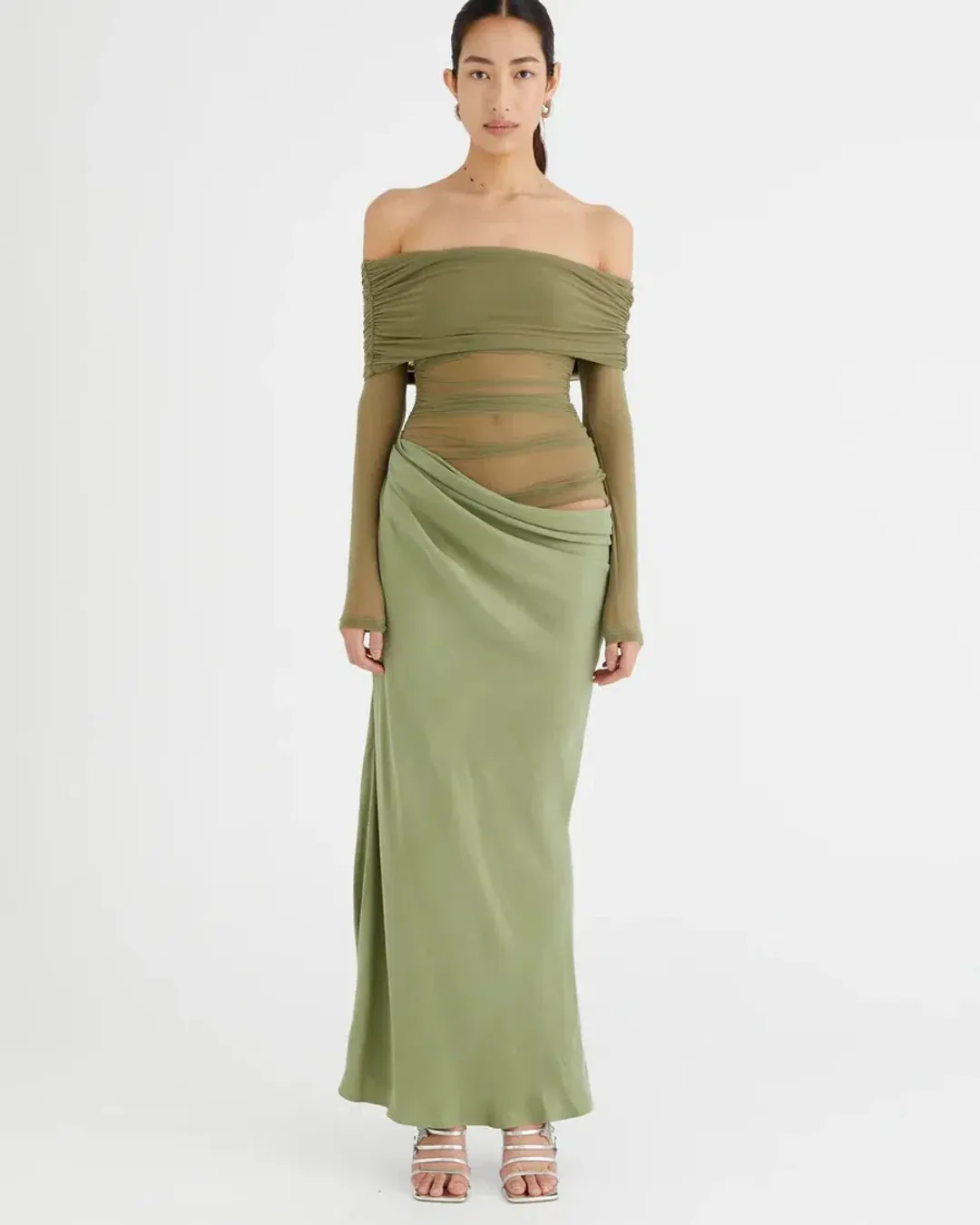 Benni Yasmin Off-Shoulder Maxi Dress Pistachio Size 8 for rent on The Volte - main image