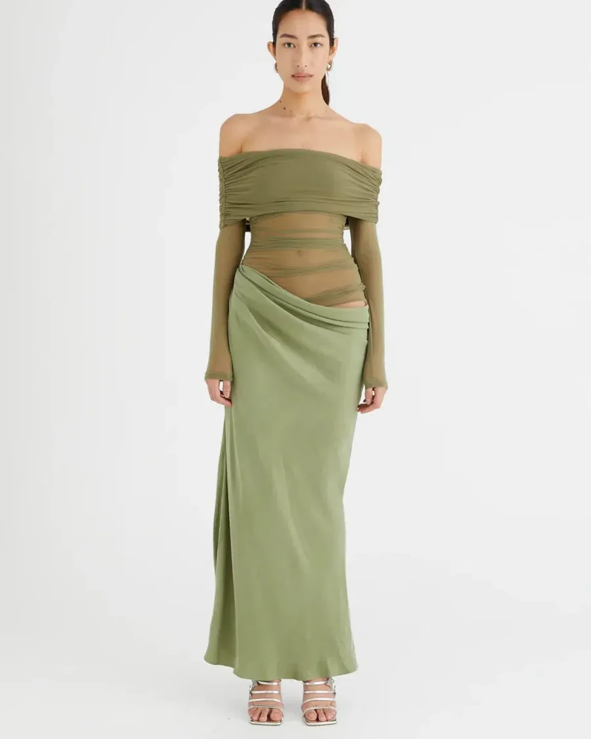 Benni Yasmin Off-Shoulder Maxi Dress Pistachio Size 8 - Image 1
