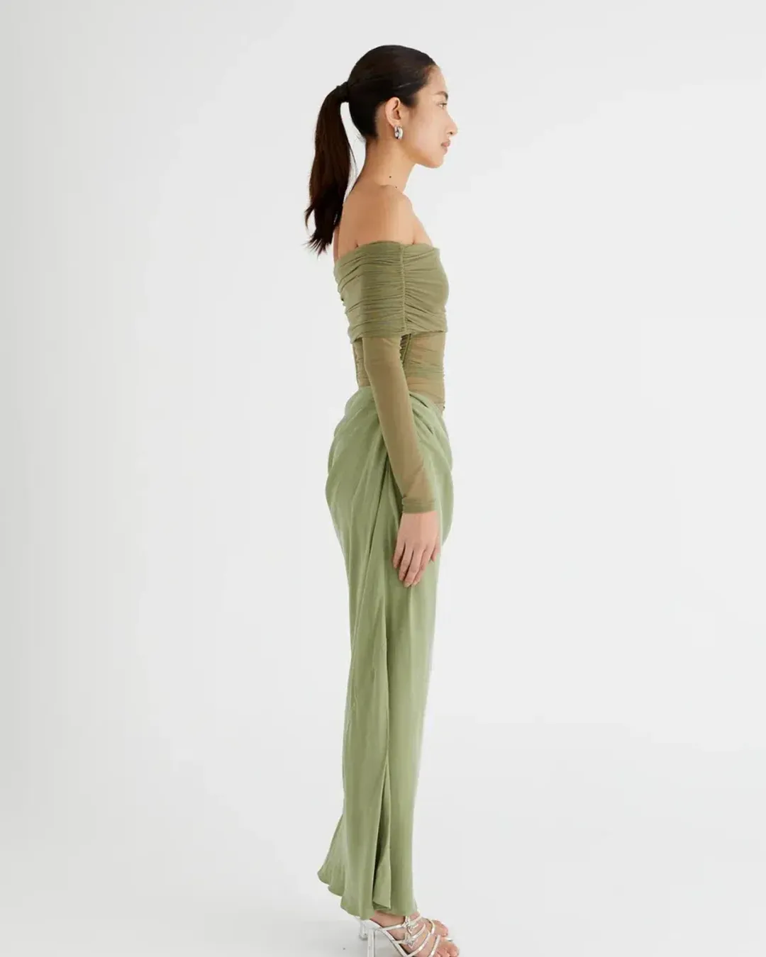 Benni Yasmin Off-Shoulder Maxi Dress Pistachio Size 8 for rent on The Volte - main image