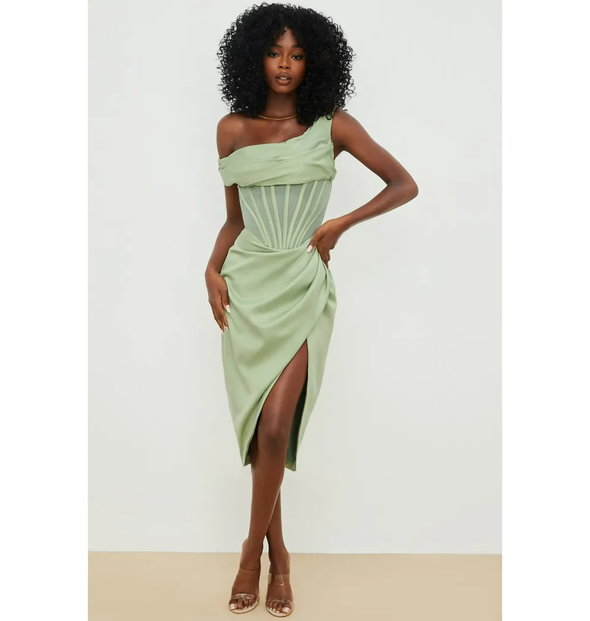 House of CB Lulu Asymmetric Drape Midi Corset Dress in Pistachio Size XS / AU 6 - Image 2