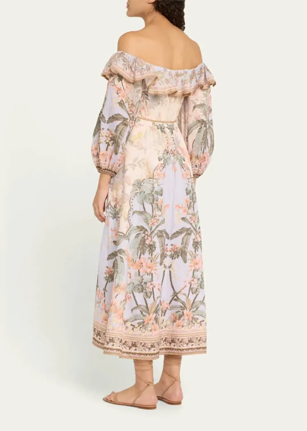 Zimmermann Wylie Off Shoulder Midi Dress Blue Floral Size 3 / AU 14 for rent on The Volte - main image