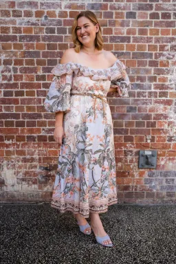 Zimmermann Wylie Off Shoulder Midi Dress Blue Floral Size 3 / AU 14 for rent on The Volte - image 1