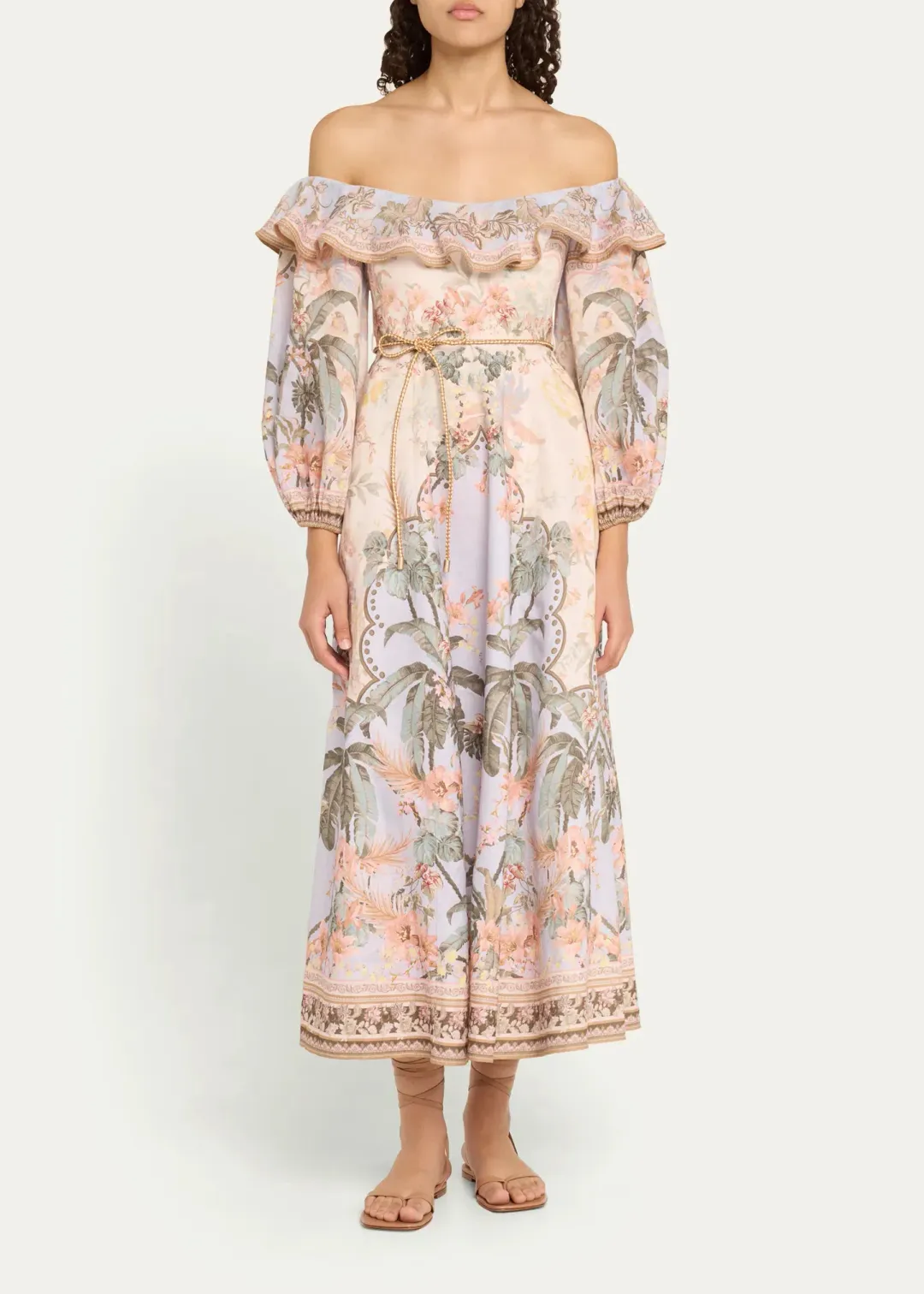 Zimmermann Wylie Off Shoulder Midi Dress Blue Floral Size 3 / AU 14 for rent on The Volte - main image