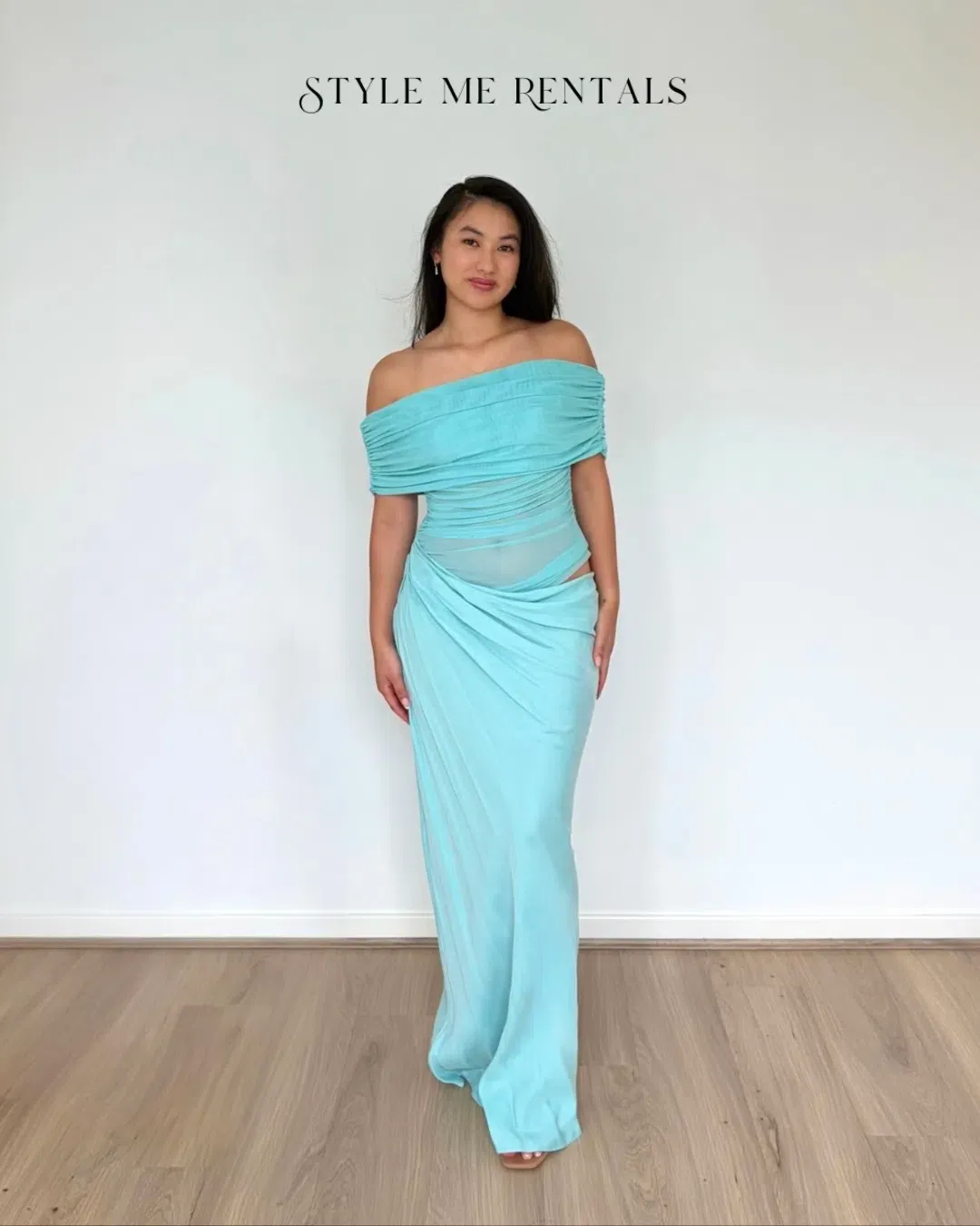 Benni Nico Off Shoulder Maxi Dress Aquamarine Size 10 for rent on The Volte - main image