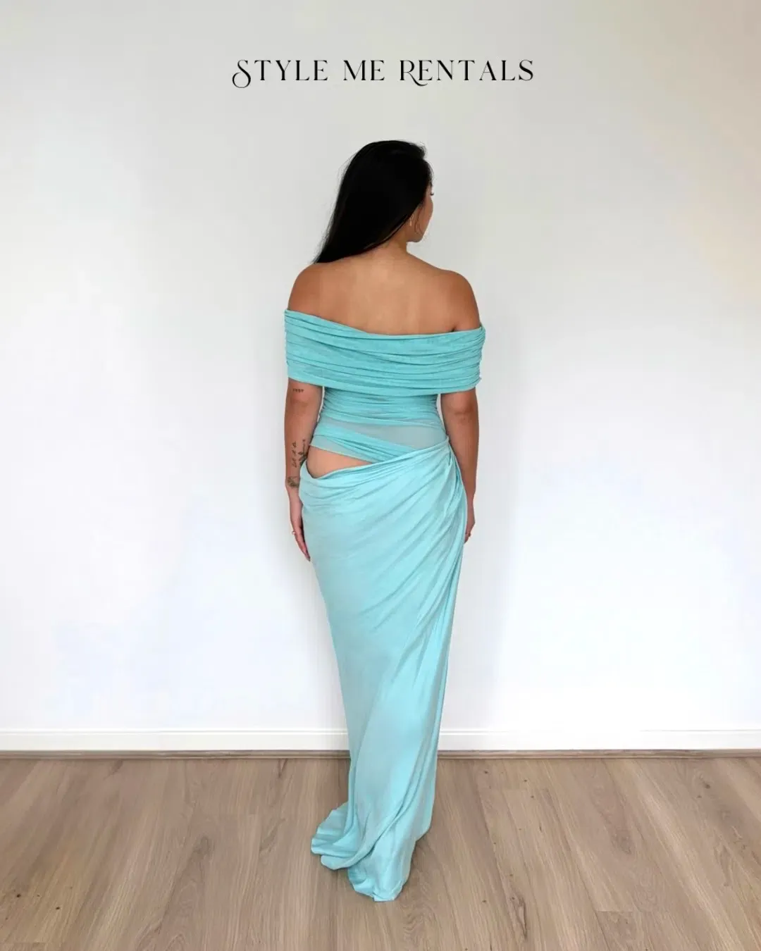 Benni Nico Off Shoulder Maxi Dress Aquamarine Size 10 for rent on The Volte - main image