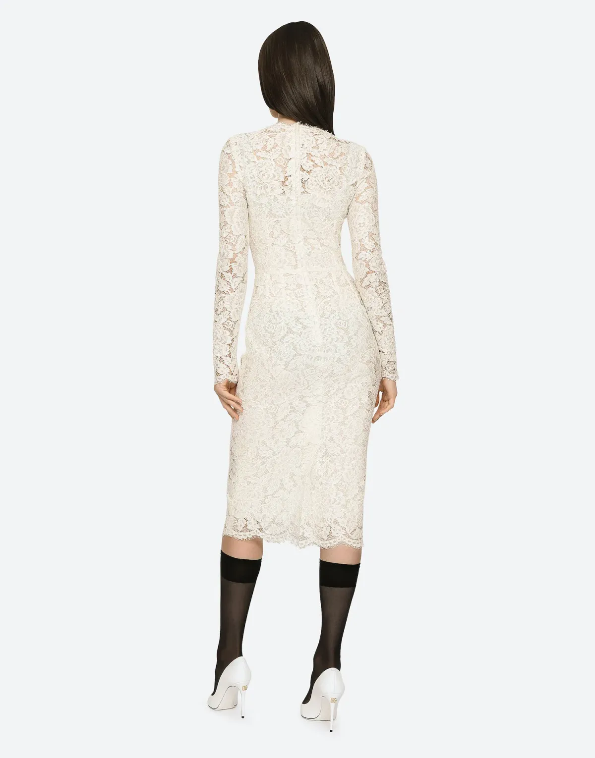 Dolce & Gabbana Branded Stretch Silk Lace Midi Dress Cream Size 36 (AU 6) - Image 2