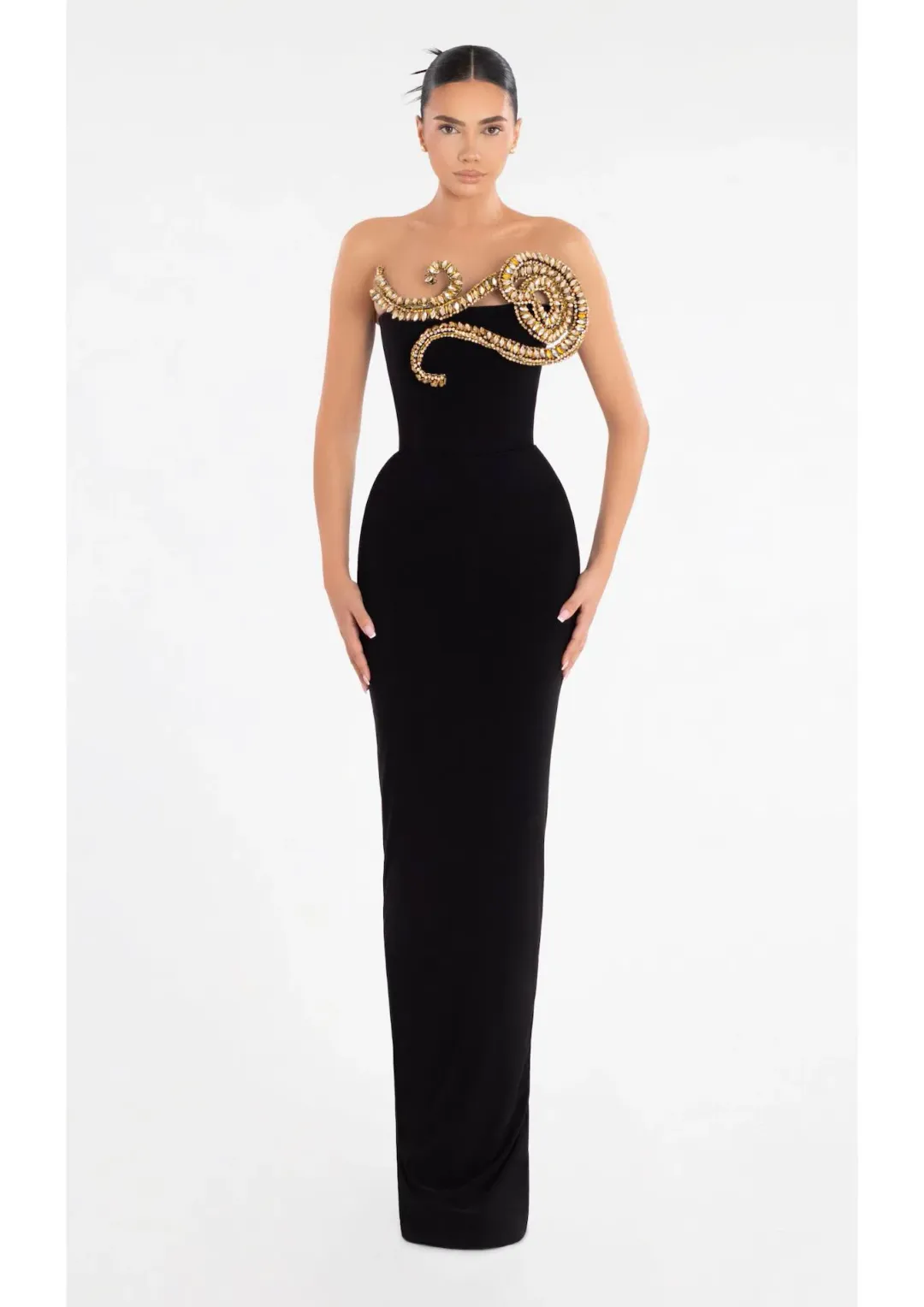 Albina Dyla Evening Dress Black with Gold Embellishment Size 8 for rent on The Volte - main image