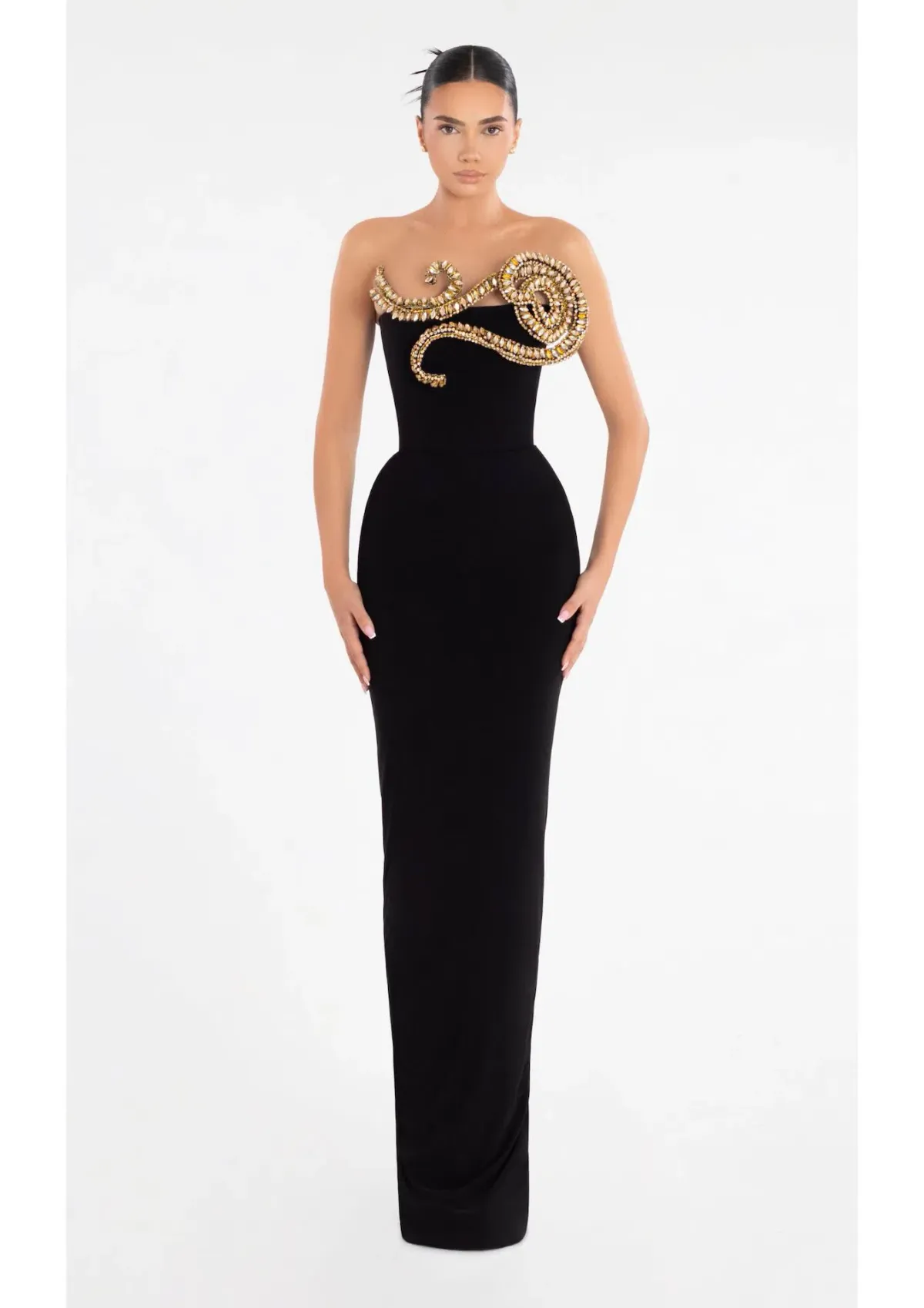 Albina Dyla Evening Dress Black with Gold Embellishment Size 8 for rent on The Volte - main image