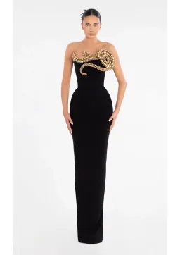 Albina Dyla Evening Dress Black with Gold Embellishment Size 8 for rent on The Volte - image 1