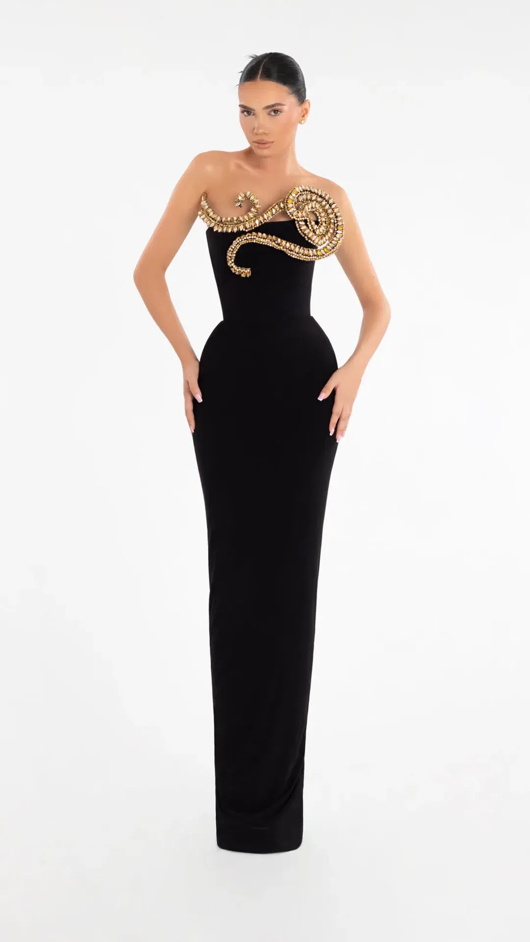 Albina Dyla Evening Dress Black with Gold Embellishment Size 8 for rent on The Volte - main image
