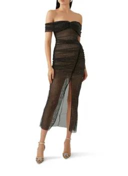 Self Portrait Diamante Fishnet Off Shoulder Midi Dress Black Size 10 for rent on The Volte - image 5