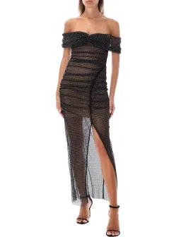 Self Portrait Diamante Fishnet Off Shoulder Midi Dress Black Size 10 for rent on The Volte - image 1
