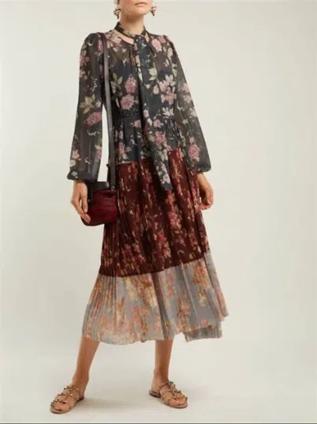 Zimmermann Unbridled Pleated Midi Dress Spliced Floral Print Size 1 / AU 10 for rent on The Volte - main image