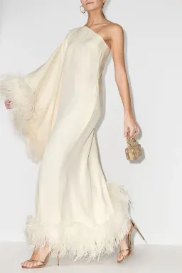 Taller Marmo Ubud One Shoulder Feather Trimmed Crepe Maxi Dress Ivory Size 38 / AU 6 for rent on The Volte - image 1