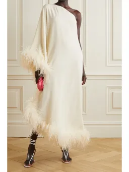 Taller Marmo Ubud One Shoulder Feather Trimmed Crepe Maxi Dress Ivory Size 38 / AU 6 for rent on The Volte - image 2
