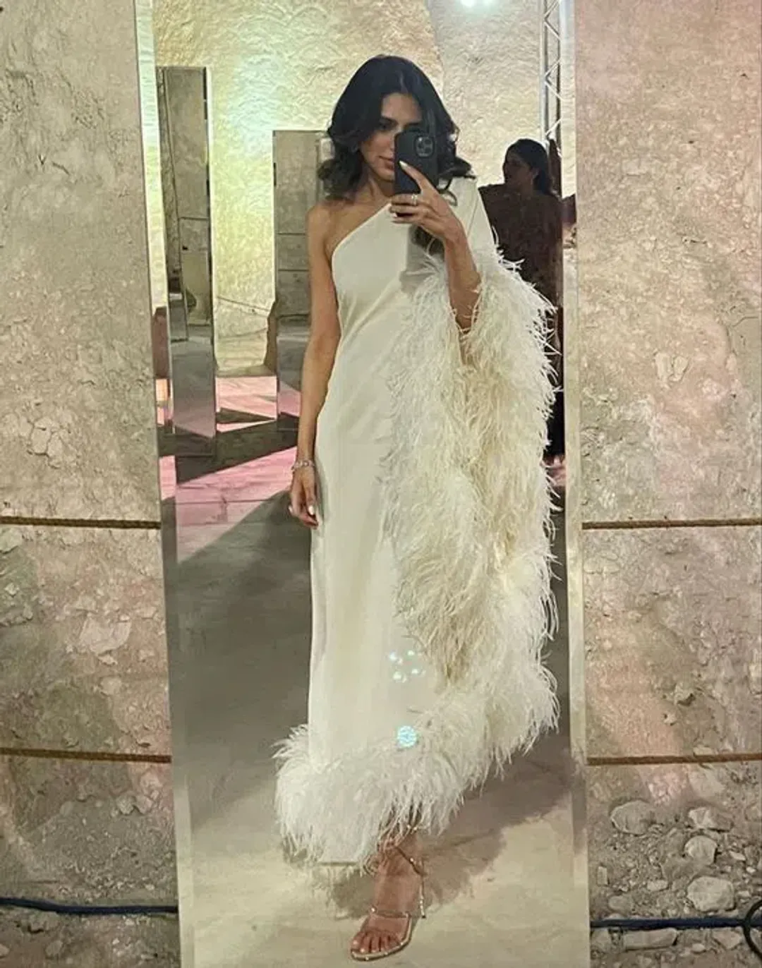 Taller Marmo Ubud One Shoulder Feather Trimmed Crepe Maxi Dress Ivory Size 38 / AU 6 for rent on The Volte - main image