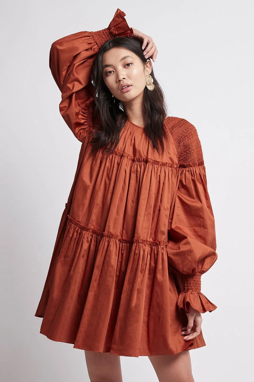 Aje Tranquility Smock Mini Dress Rust Size 10 for rent on The Volte - main image
