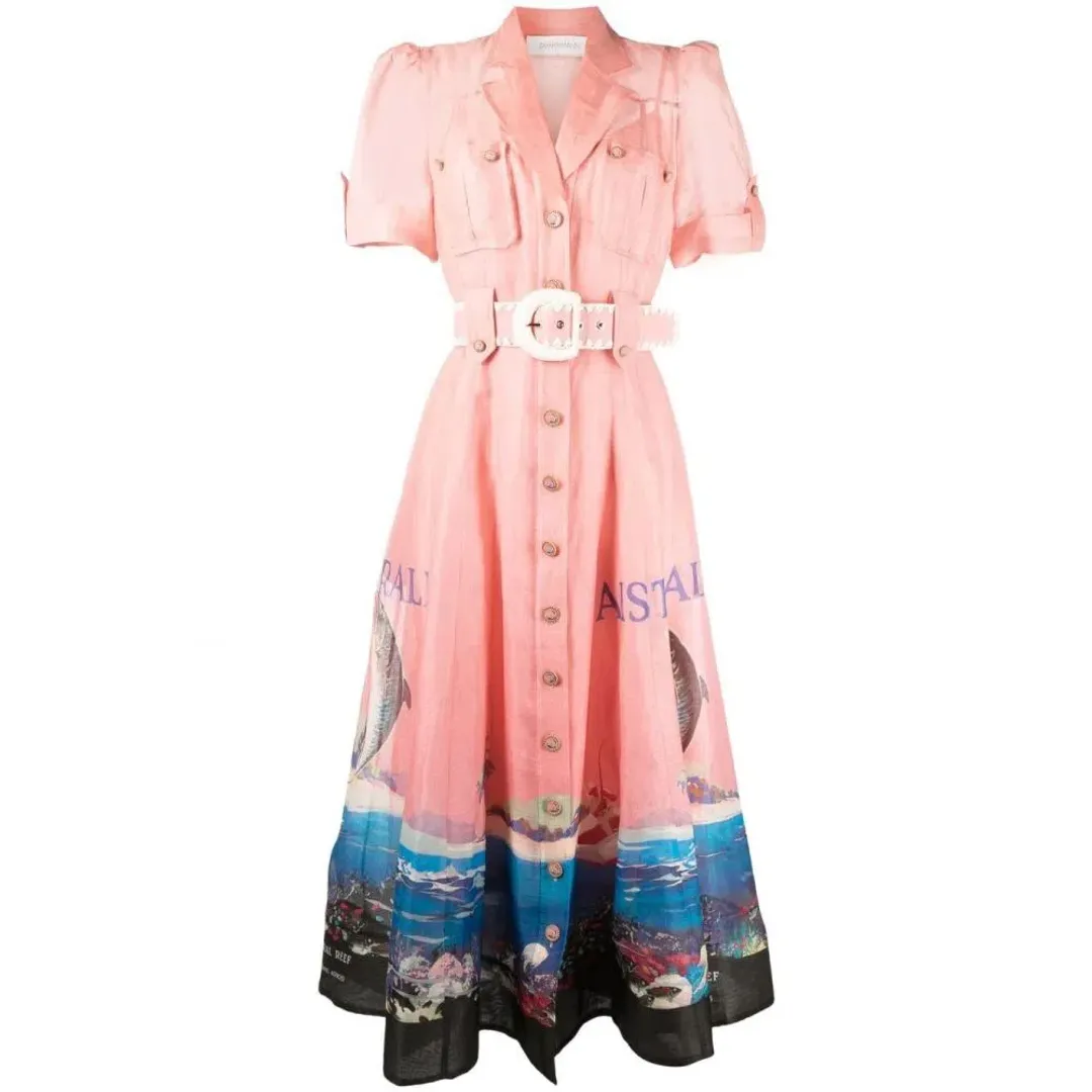 Zimmermann The Postcard Shirt Midi Dress Resort Coral Reef Print Size 0/Au 8 for rent on The Volte - main image