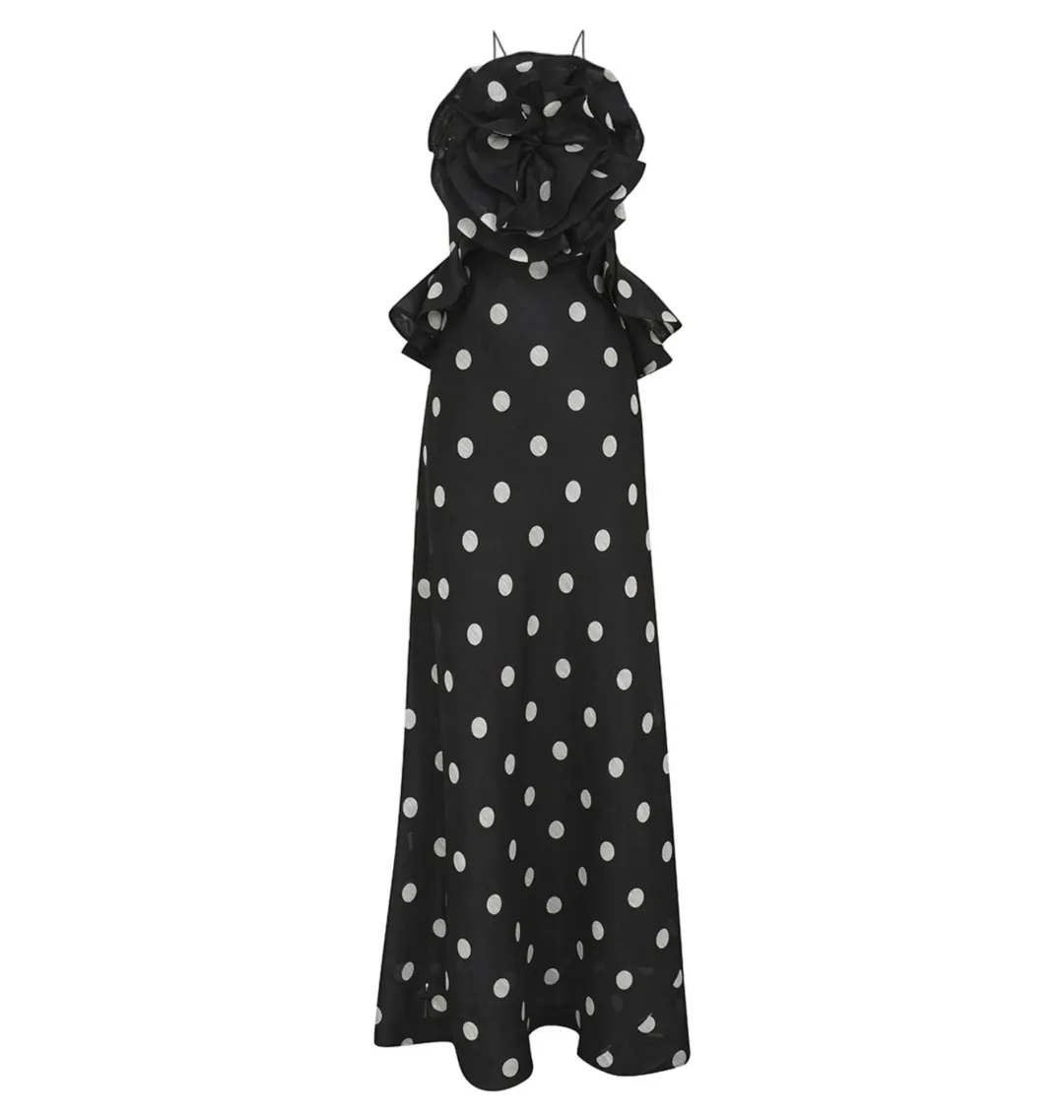 Zimmermann Crush Ruffle Halter Maxi Dress in Black/Cream Dot Size 0 / AU 8 for rent on The Volte - main image
