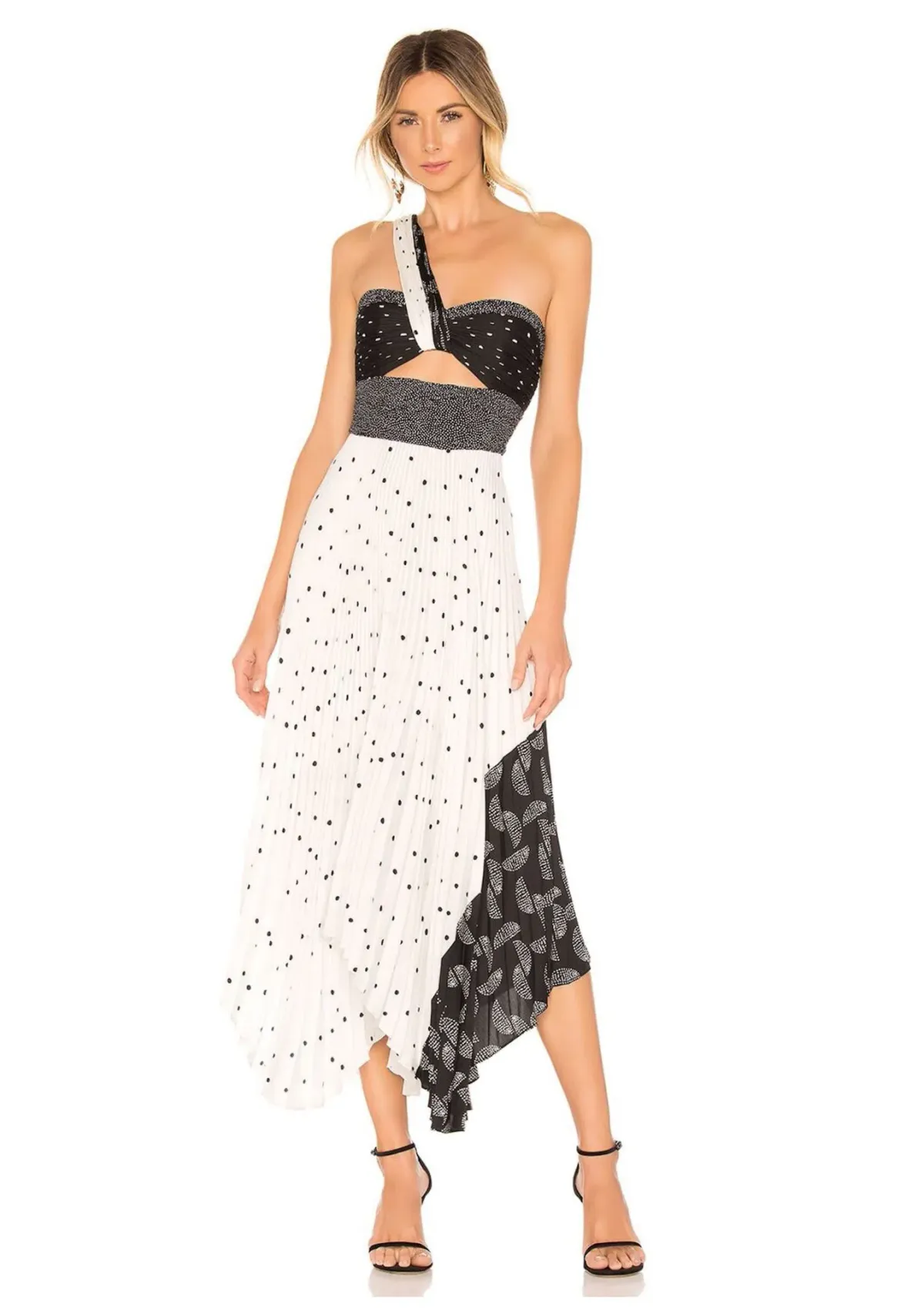 A.L.C. Aurora Pleated One Shoulder Midi Dress White Black Size AU 8 - Image 1