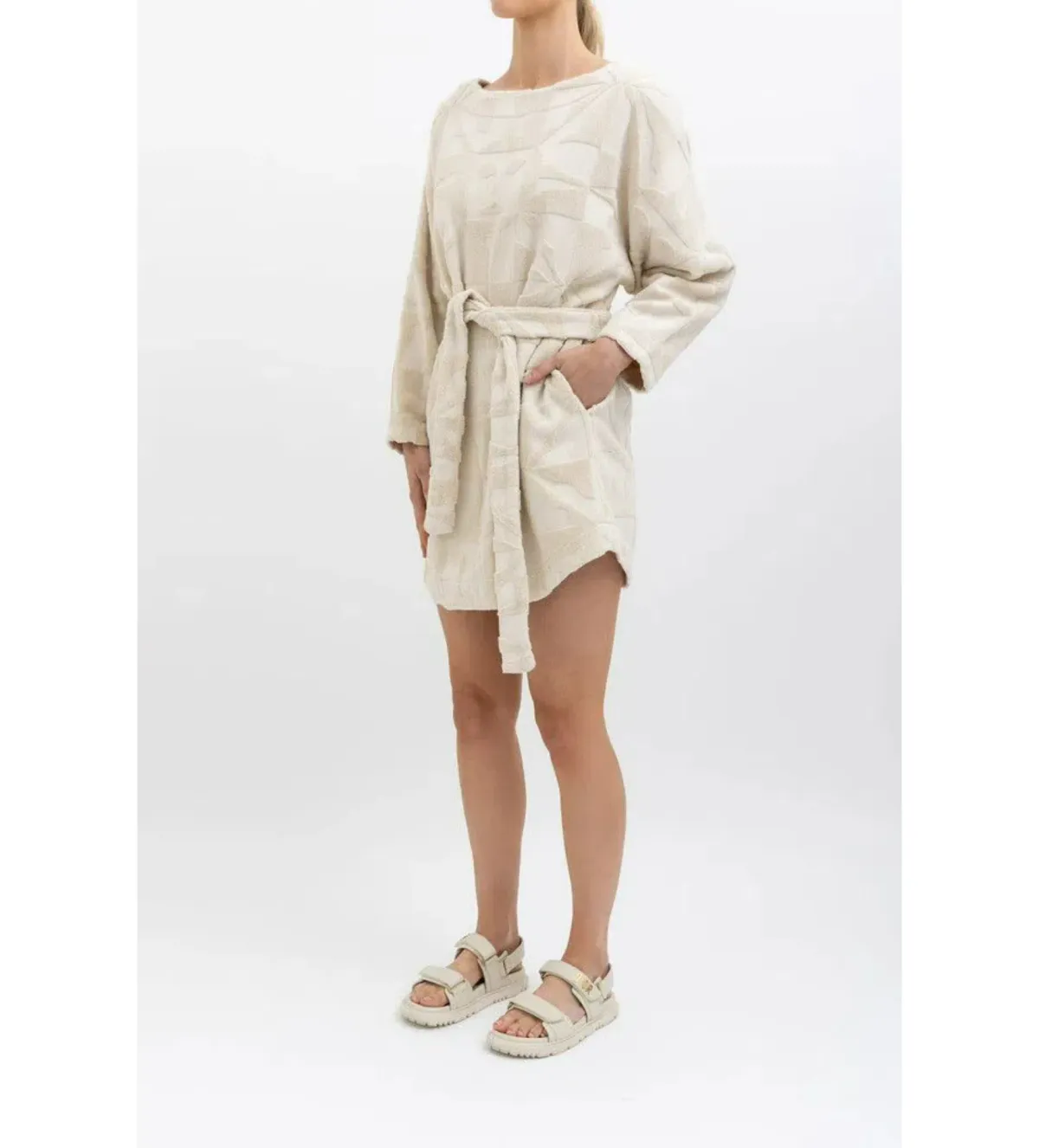 Lucy Folk Towelling Long Sleeve Mini Dress Skyline Ecru Size S / AU 8 - Image 4