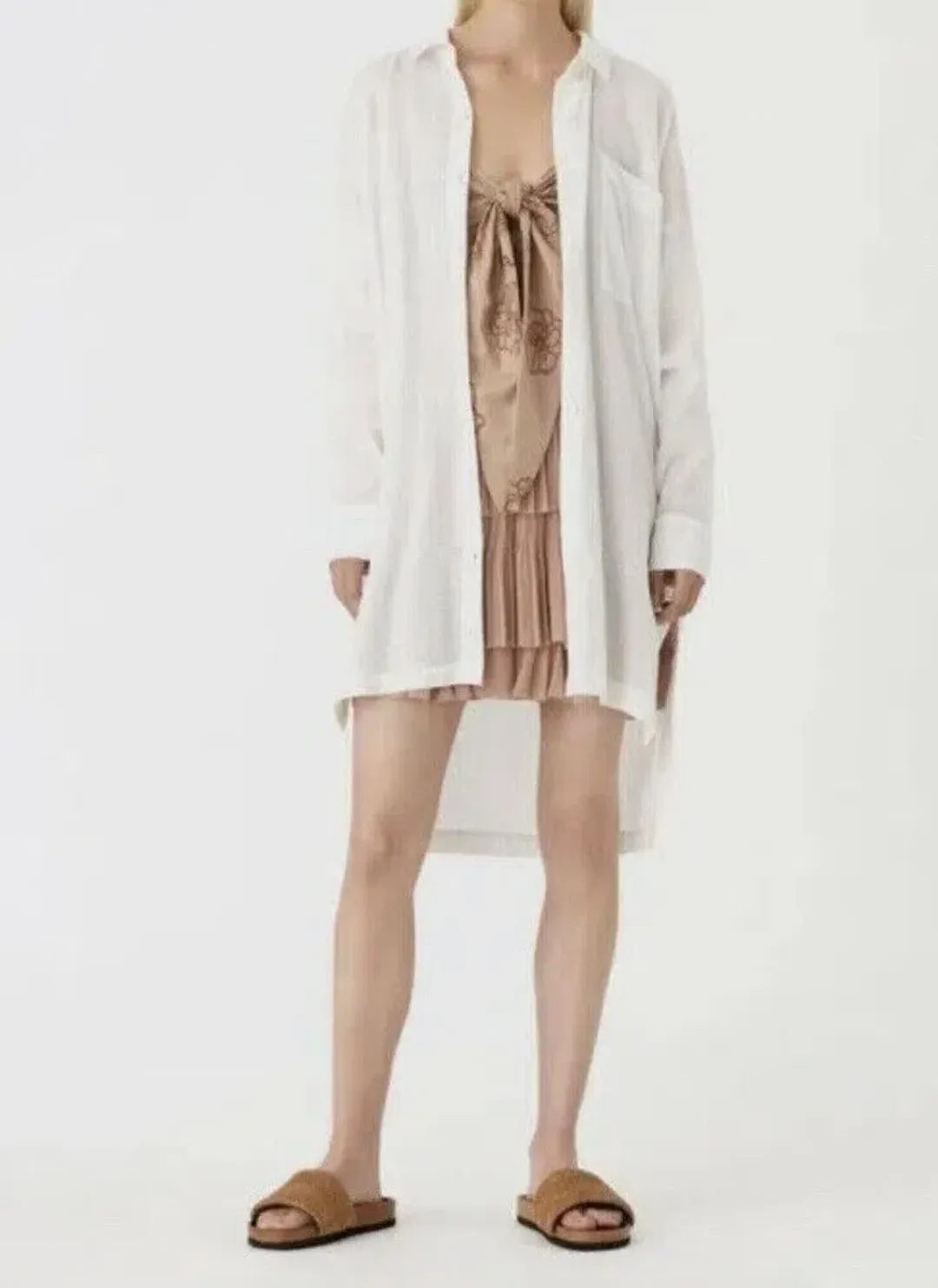 Camilla and Marc c&m Kamille Mini Dress Tiered Bow Pleated Beige Tan AU 10 / us 6 for rent on The Volte - main image