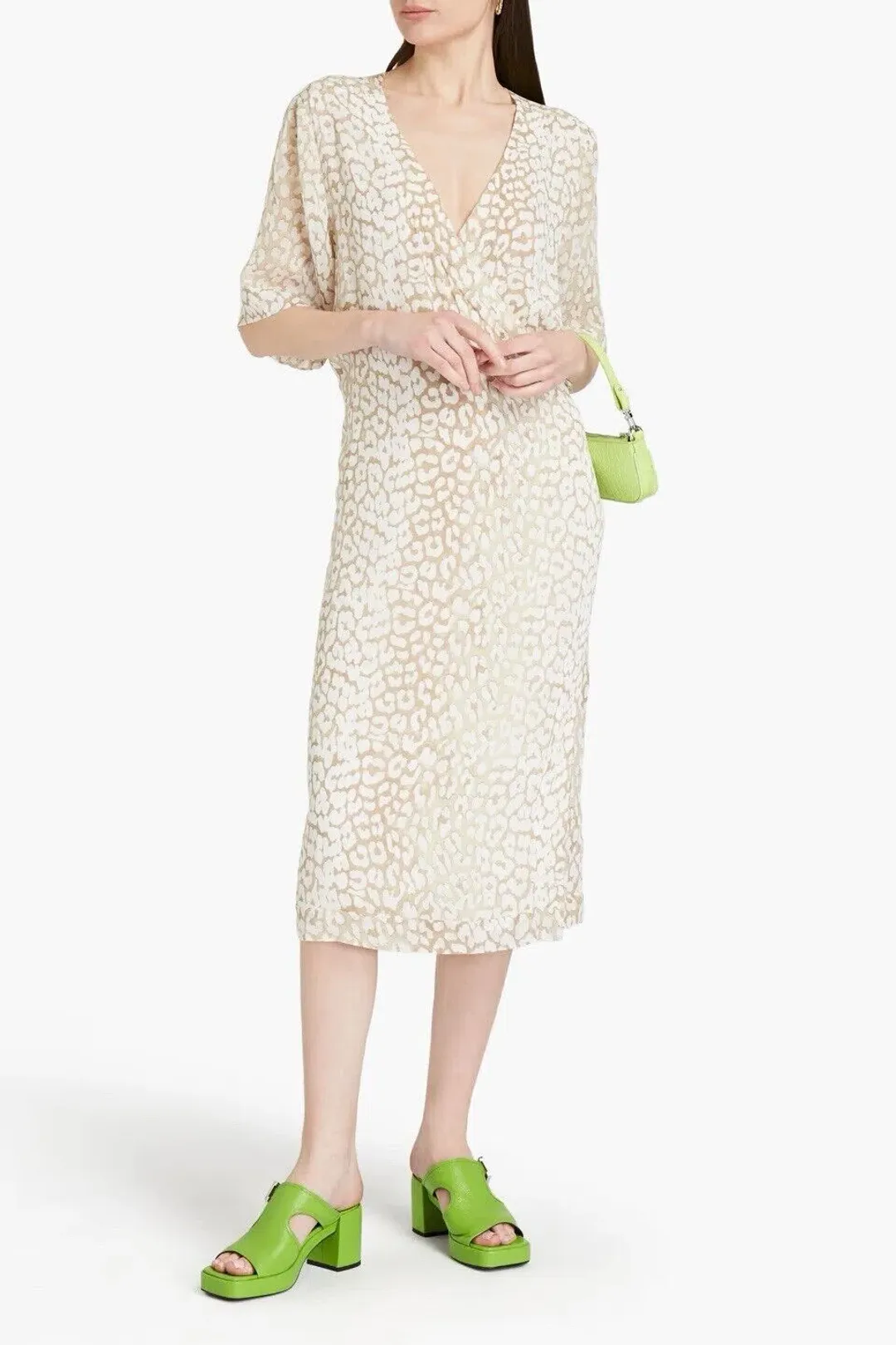 Ganni Leopard Print Crepe Midi Wrap Dress Neutrals Size 36 / AU 8 for rent on The Volte - main image