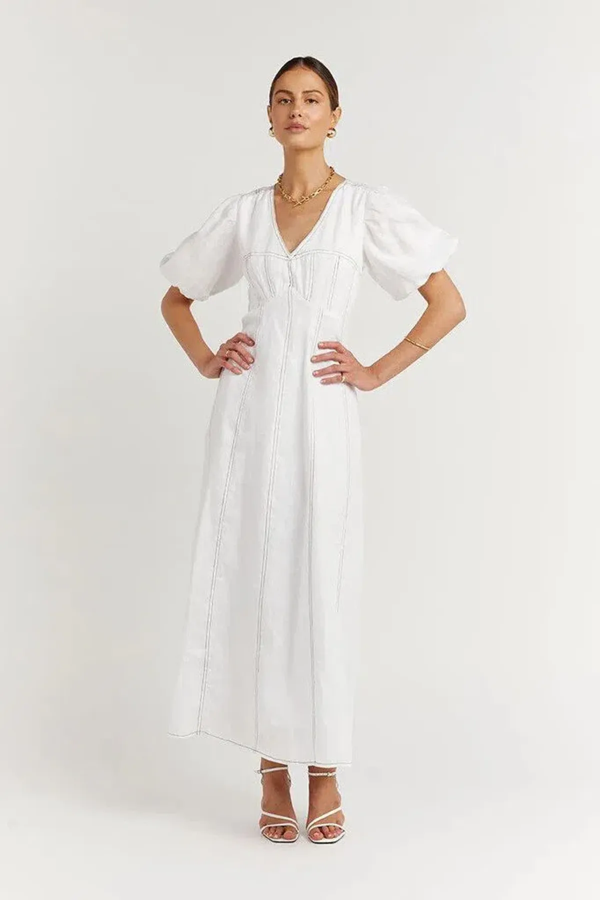Dissh Chai Linen Panelled Puff Sleeve Midi Dress Off White ivory Size M / AU 10 - Image 1