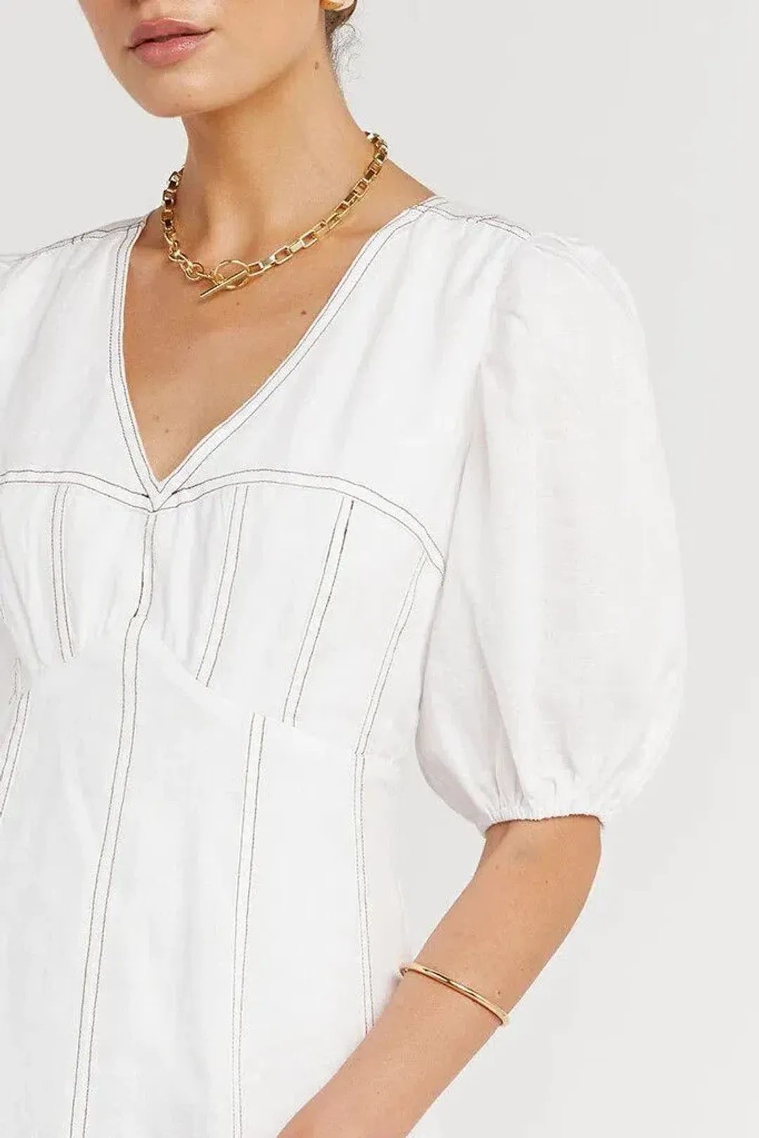 Dissh Chai Linen Panelled Puff Sleeve Midi Dress Off White ivory Size M / AU 10 for rent on The Volte - main image