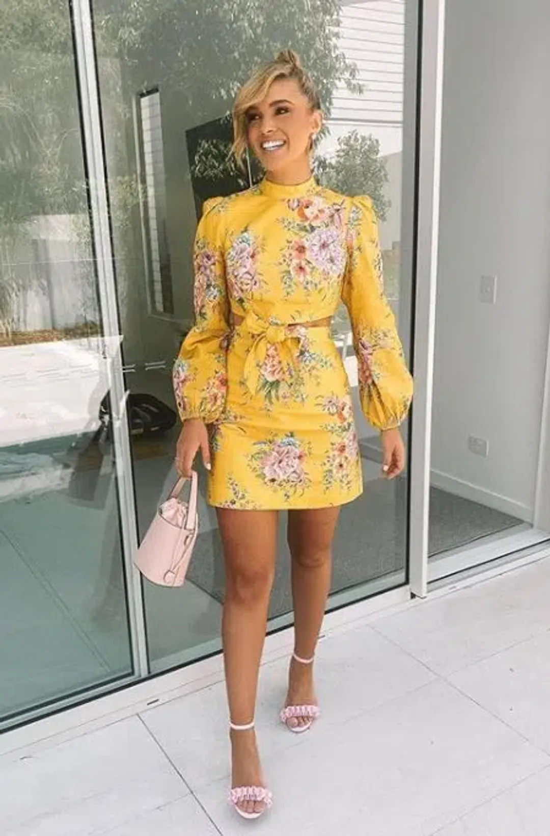 Zimmermann Zinnia Bow Cut Out Short Dress Golden Floral Size 1 / AU 10 for rent on The Volte - main image