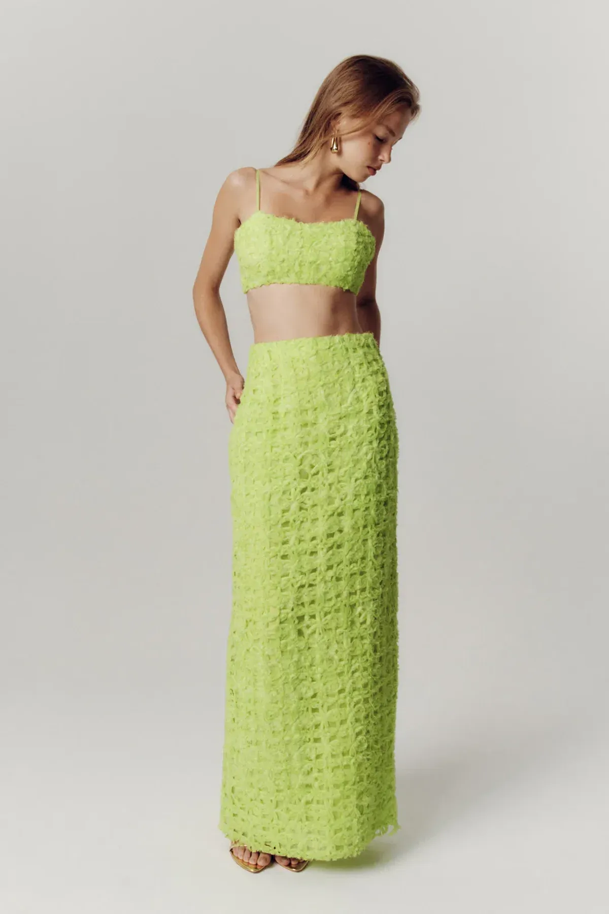 Aje Quintette Textured Bralette & Midi Skirt Set Light Lime Green Size 8 - Image 4