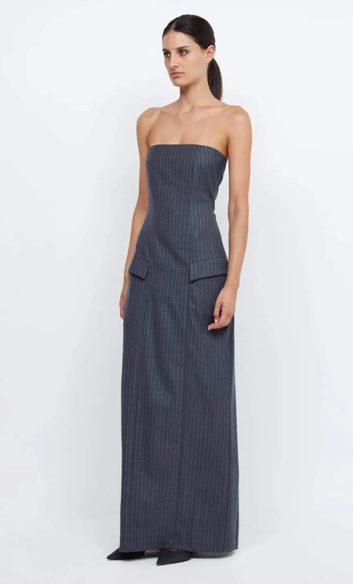 Bec & Bridge Pine Strapless Maxi Dress in Charcoal Pinstripe Size 8 - Image 4