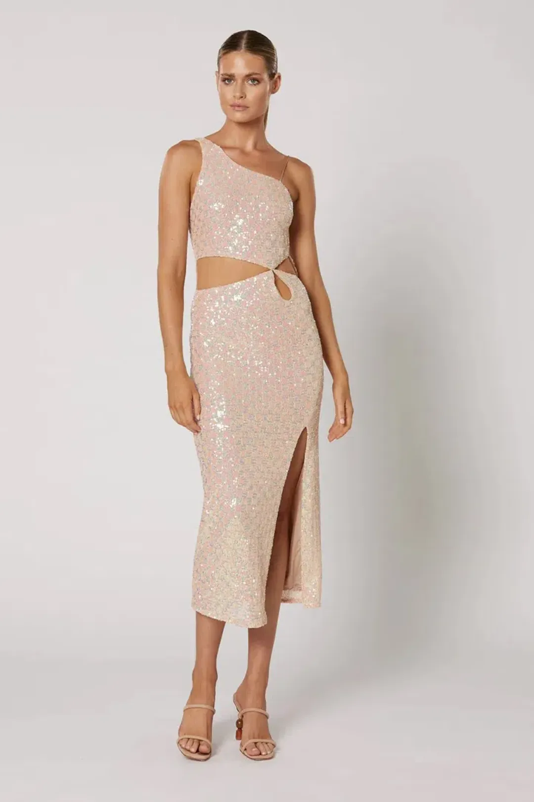 Winona Indeko One shoulder Sequin Midi Dress Pearlescent Peach Size 6 for rent on The Volte - main image