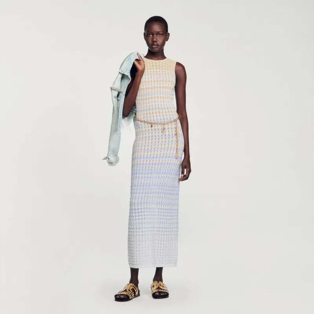 Sandro Pointelle Knit Dress in Blue Ombre Size AU 8 - Image 4