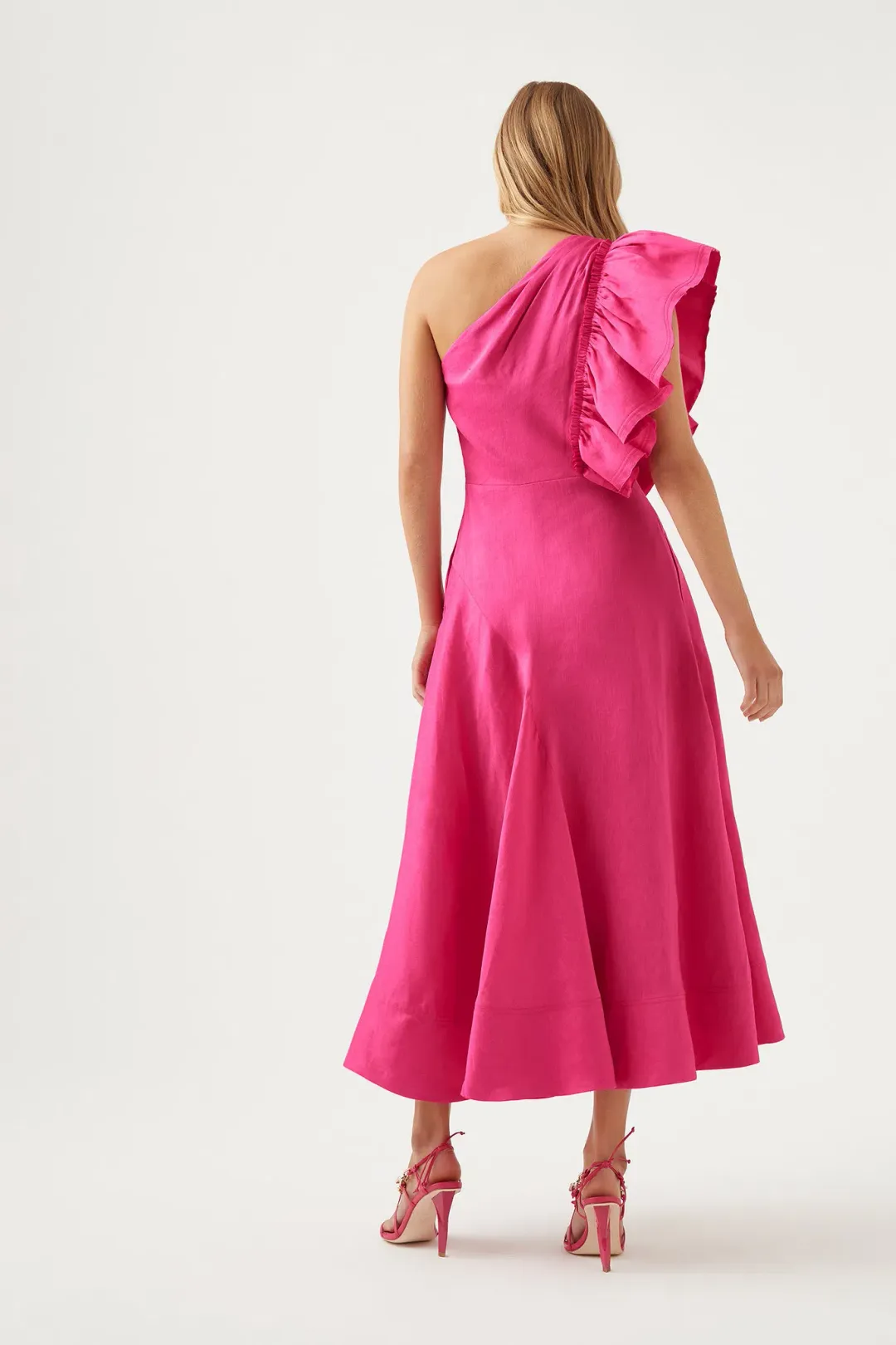 Aje Bonjour Asymmetric Midi Dress Fuchsia Size 6 for rent on The Volte - main image
