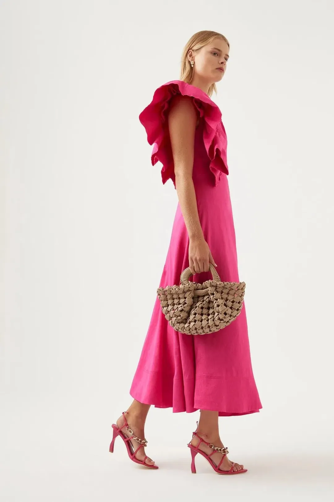 Aje Bonjour Asymmetric Midi Dress Fuchsia Size 6 for rent on The Volte - main image