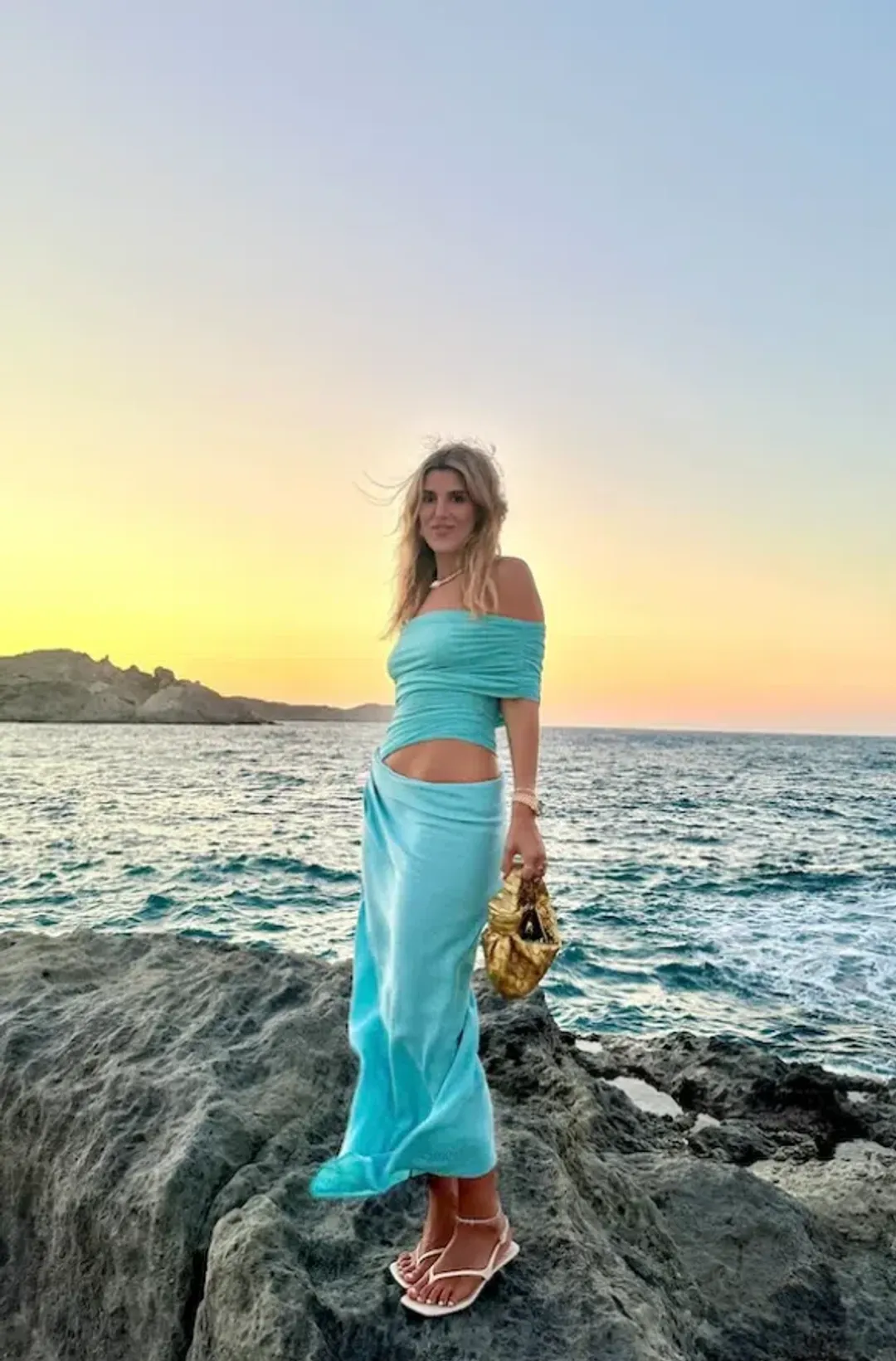 BENNI Nico Off Shoulder Maxi Dress Aquamarine Size 6 for rent on The Volte - main image