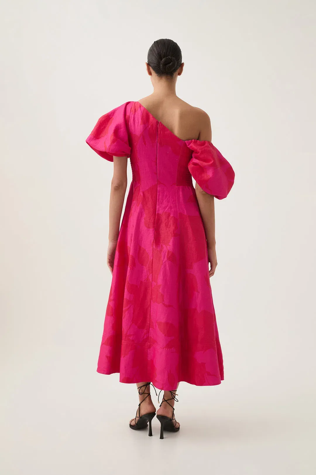 Aje Arista Tulip Sleeve Midi Dress in Florescent Rose Size AU 16 for rent on The Volte - main image