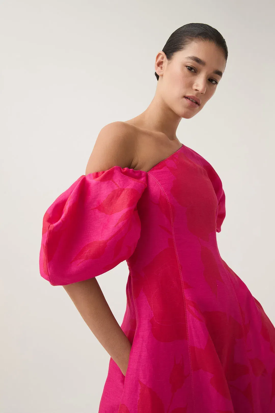 Aje Arista Tulip Sleeve Midi Dress in Florescent Rose Size AU 10 for rent on The Volte - main image