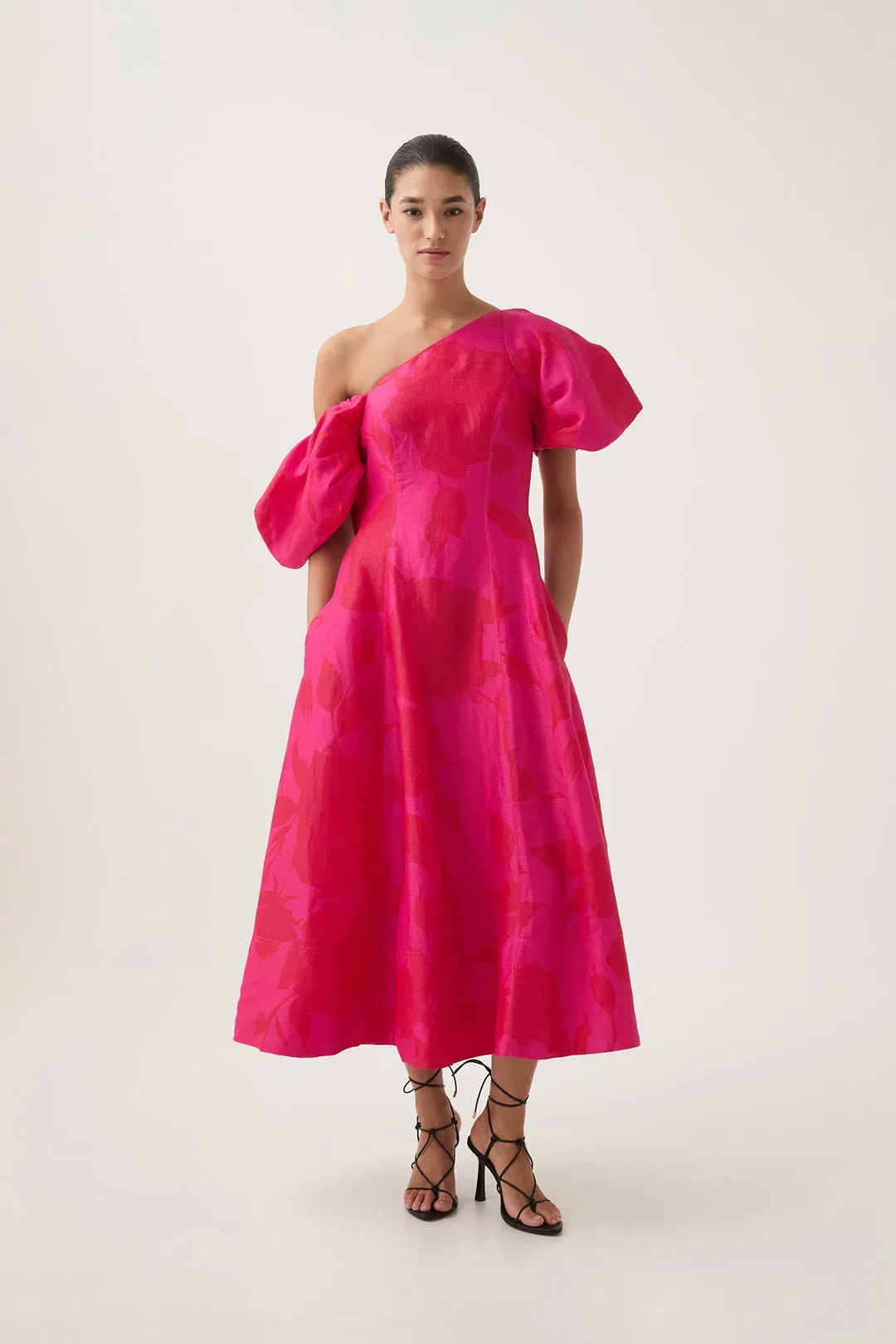 Aje Arista Tulip Sleeve Midi Dress in Florescent Rose Size AU 10 for rent on The Volte - main image