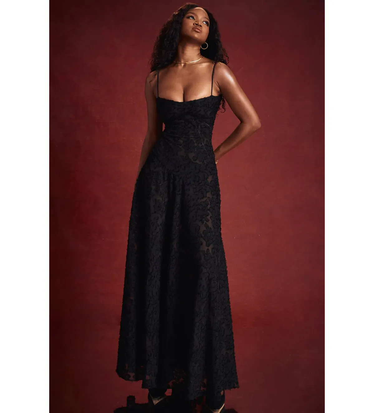 House Of CB Seren Floral Lace Back Maxi Dress Black Size AU 10 for rent on The Volte - main image