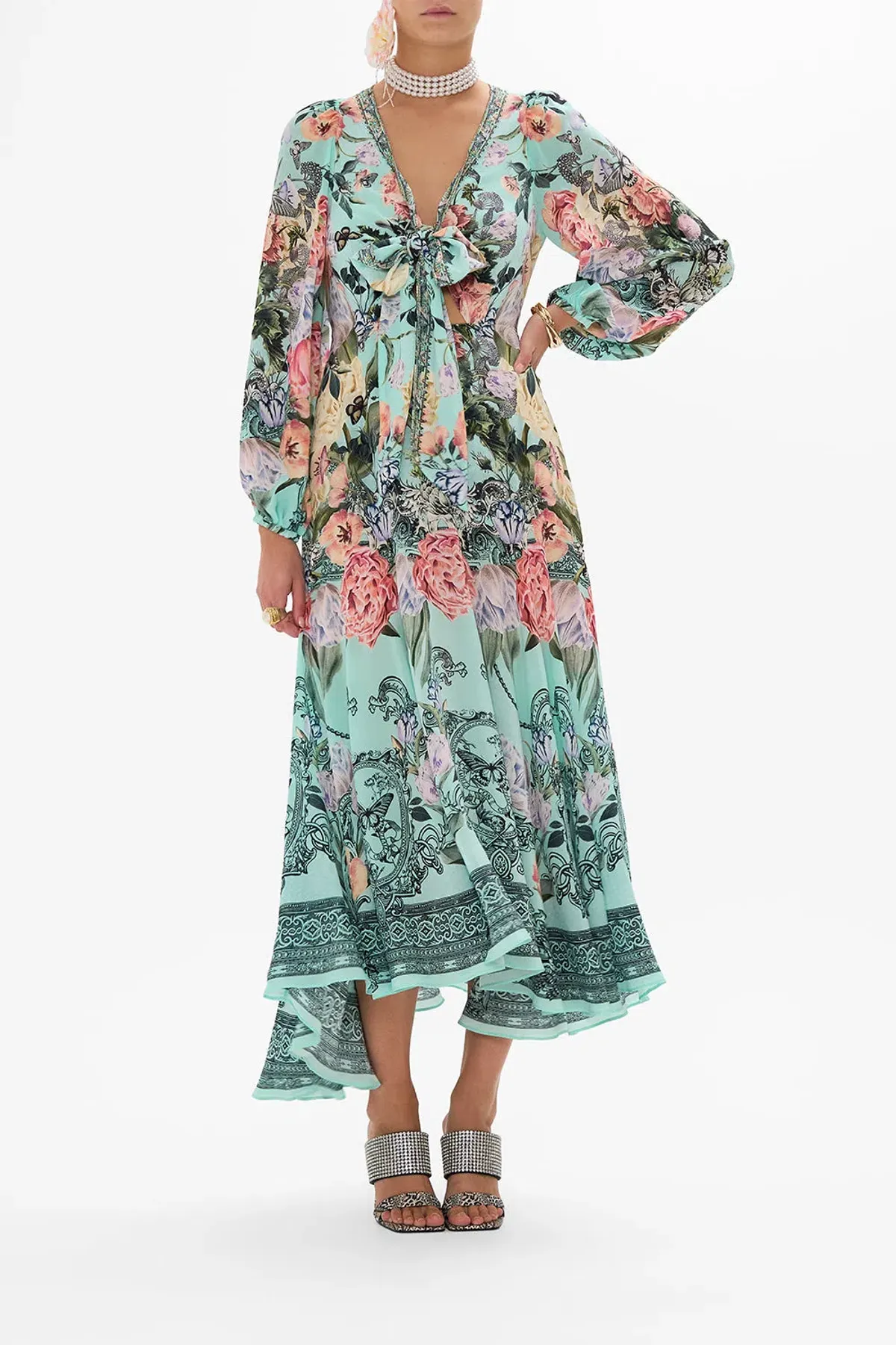 Camilla Wrap Tie Dress with Blouson Sleeve Petal Promise Land Size S / AU 10 - Image 1