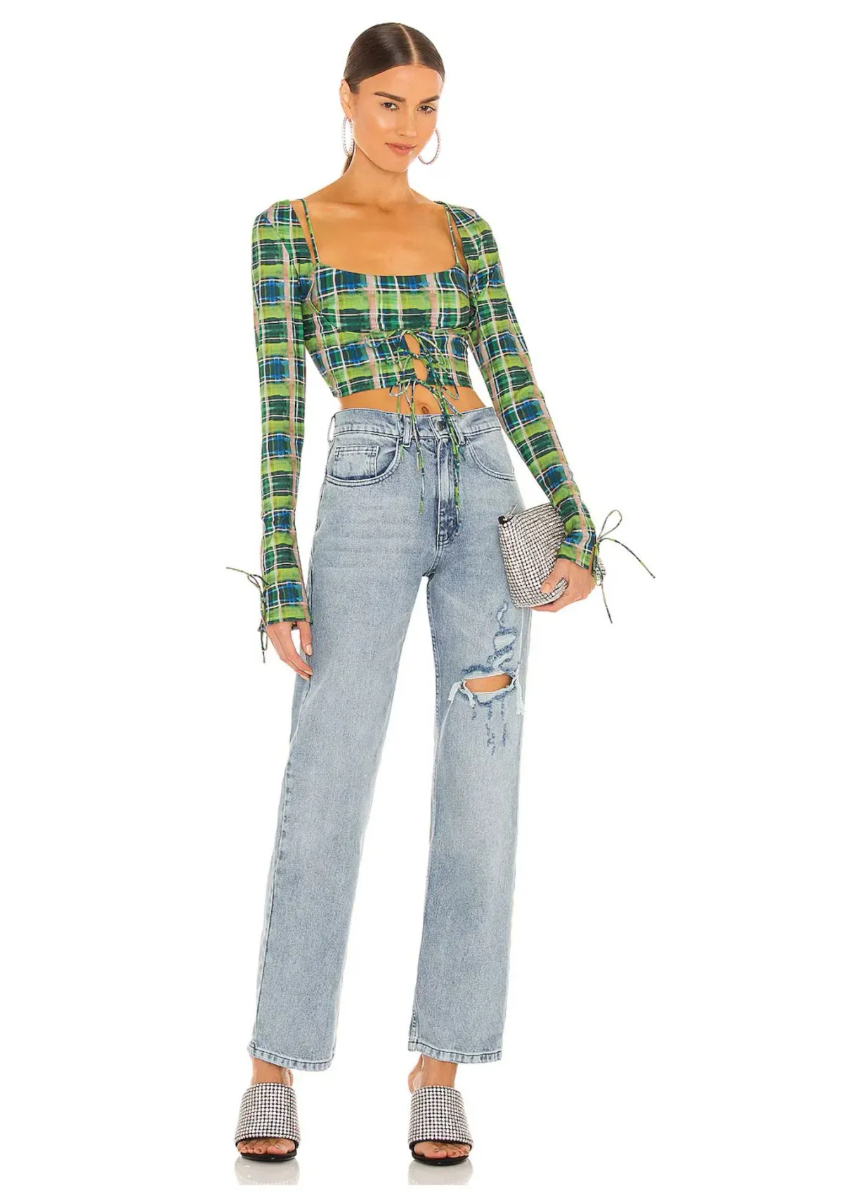 Danielle Guizio Plaid Bralette Top and Scoop Tie Cardigan Set Deep Green Size XS / AU 6 - Image 1