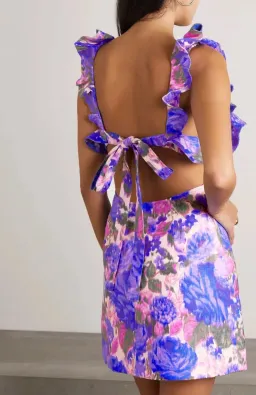 Zimmermann High Tide Frilled Mini Dress in Purple Ikat Floral Size 0 / AU 8 for rent on The Volte - image 2