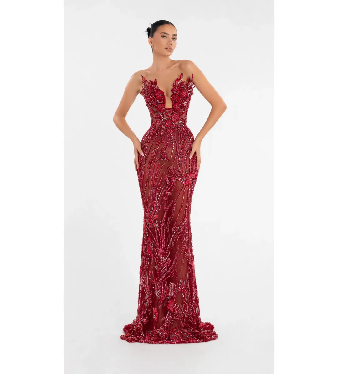 Albina Dyla Long Dress With Flower Embellishment Red Size AU 6 for rent on The Volte - main image