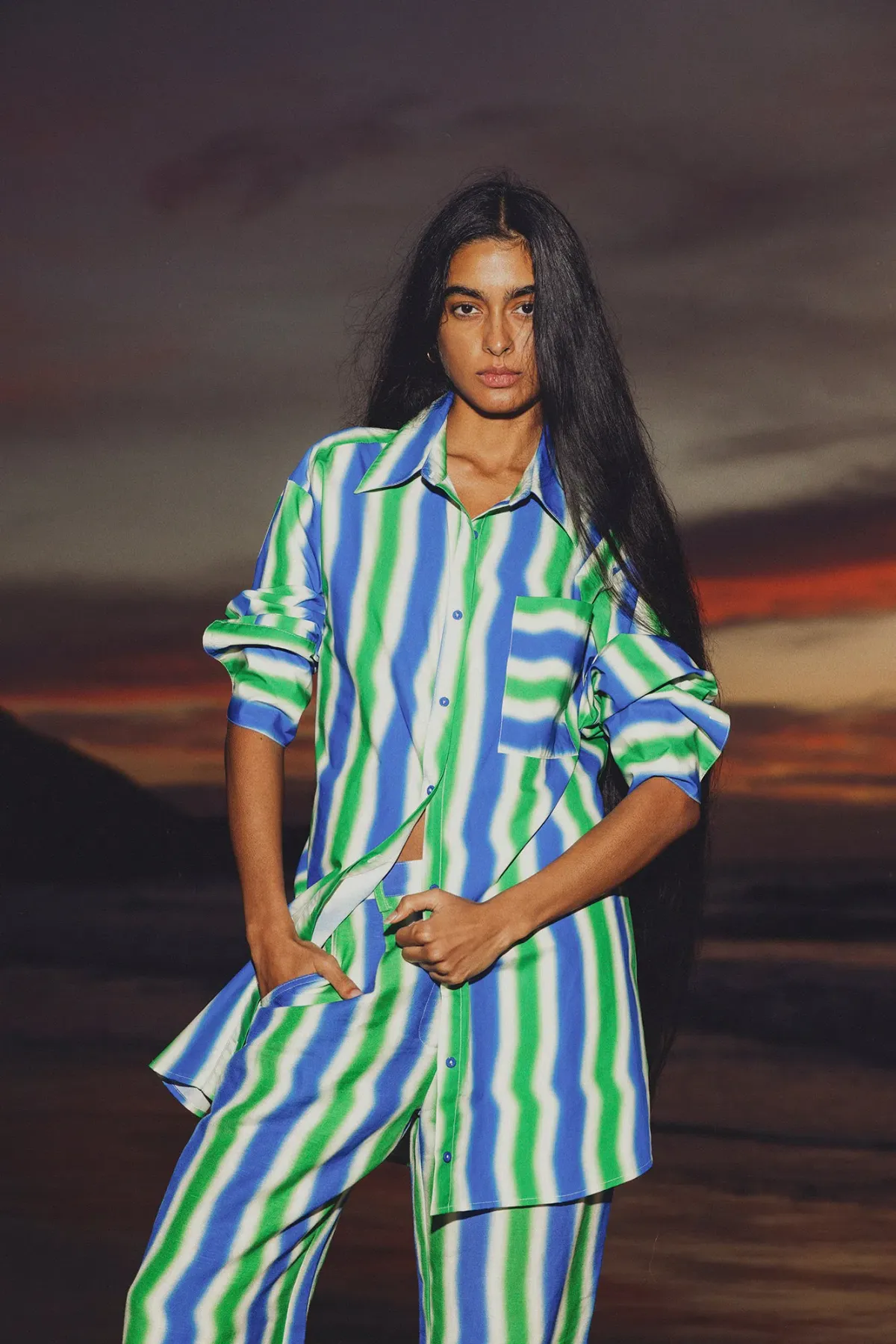 The Wolf Gang Waikiki Shirt Dress and Pant Set Cobalt Zigzag Size 8 - Image 2