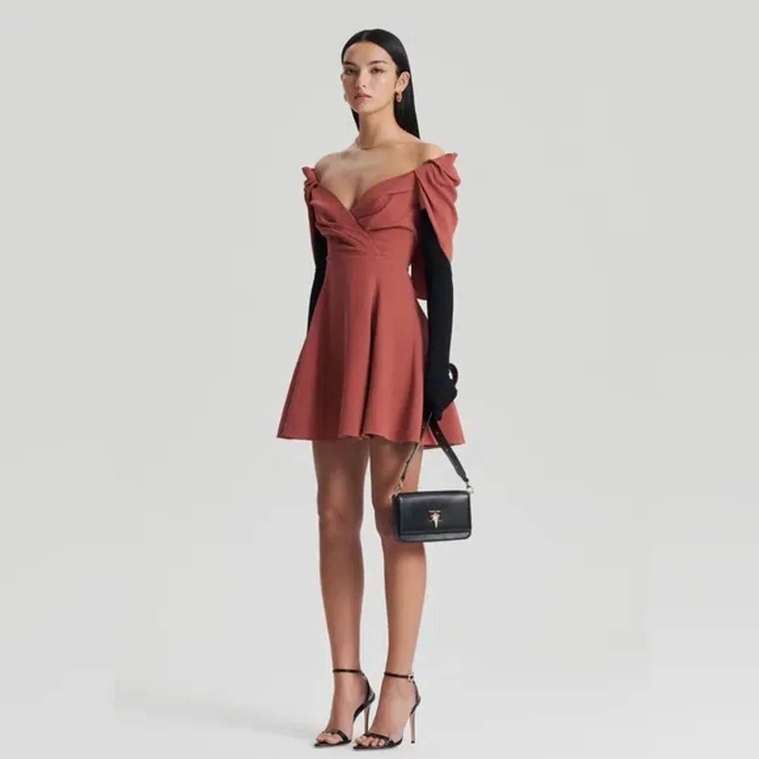 Scanlan Theodore Cape Sleeve Mini Dress Sepia Size 8 for rent on The Volte - main image