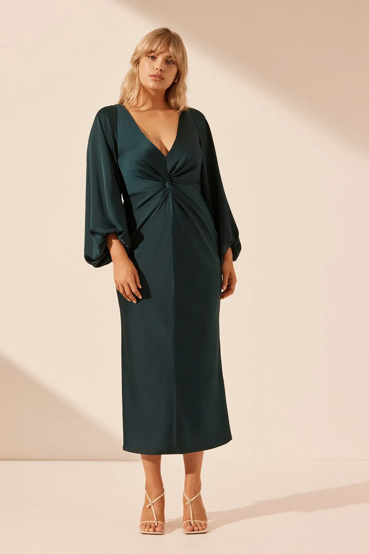 Shona Joy Luxe Balloon Sleeve Knot Front Midi Dress in Emerald Size 18 - Image 1