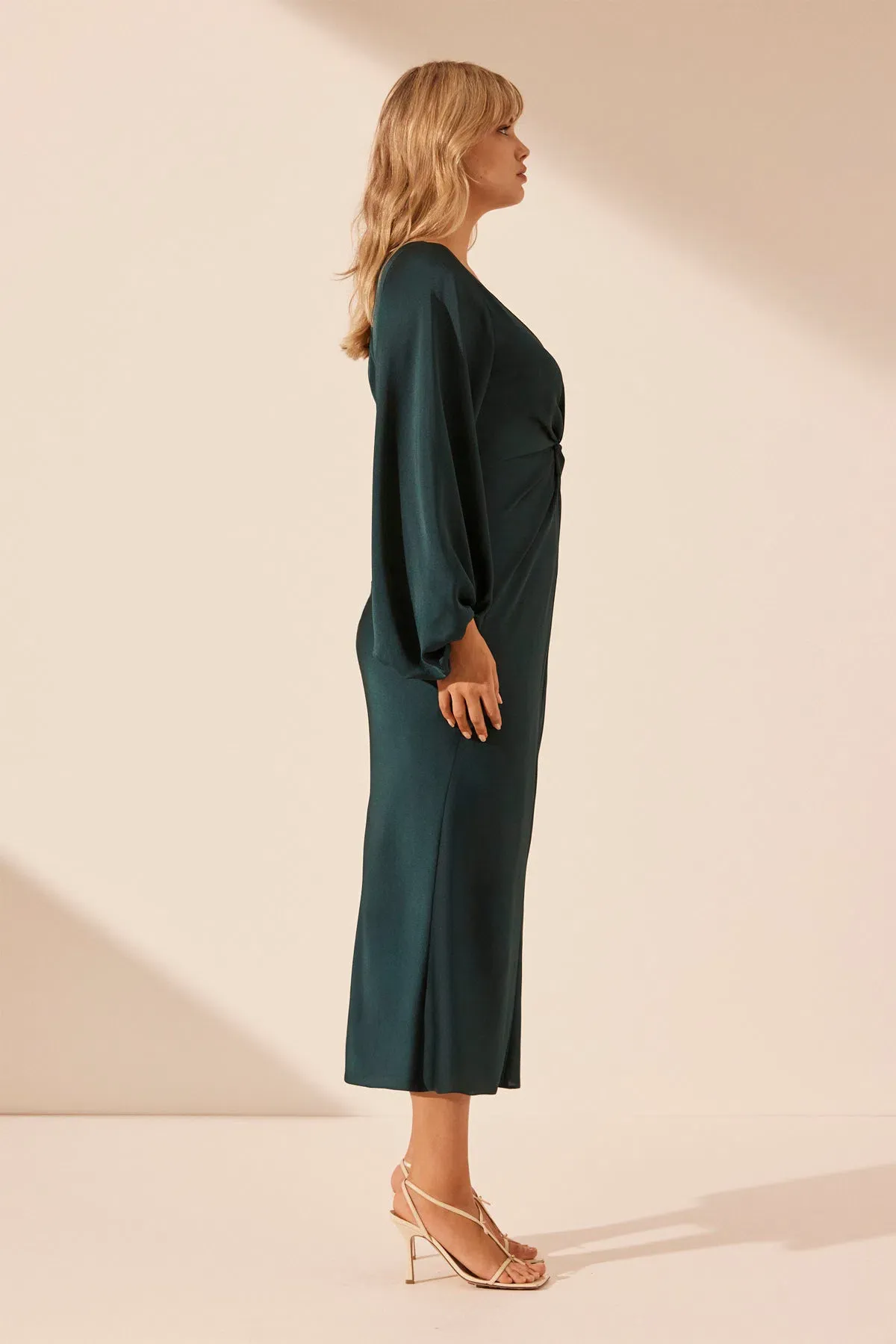 Shona Joy Luxe Balloon Sleeve Knot Front Midi Dress in Emerald Size 18 - Image 4